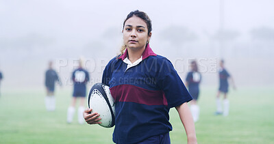 Buy stock photo Rugby, serious and portrait of woman on field for training, game challenge and sports tournament. Fitness, match practice and competition with person in stadium for championship, ball and athlete