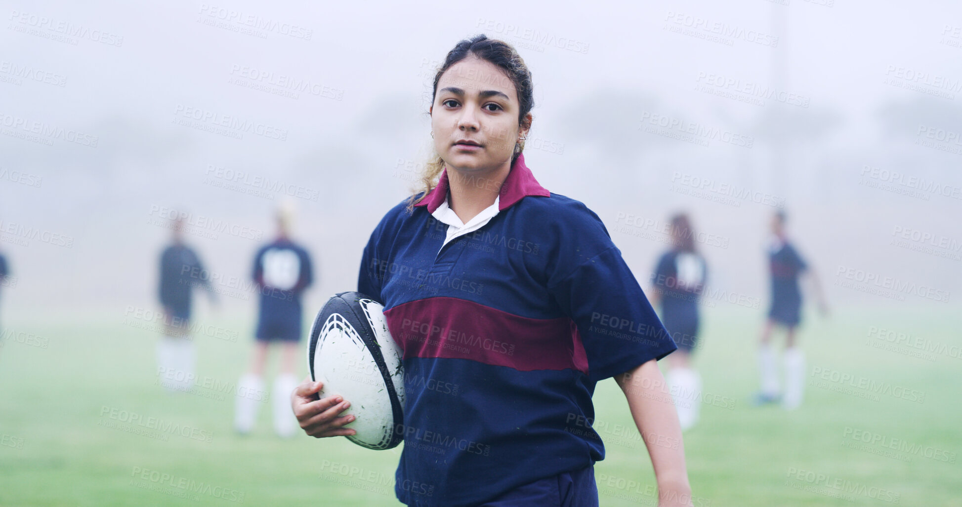 Buy stock photo Rugby, serious and portrait of woman on field for training, game challenge and sports tournament. Fitness, match practice and competition with person in stadium for championship, ball and athlete