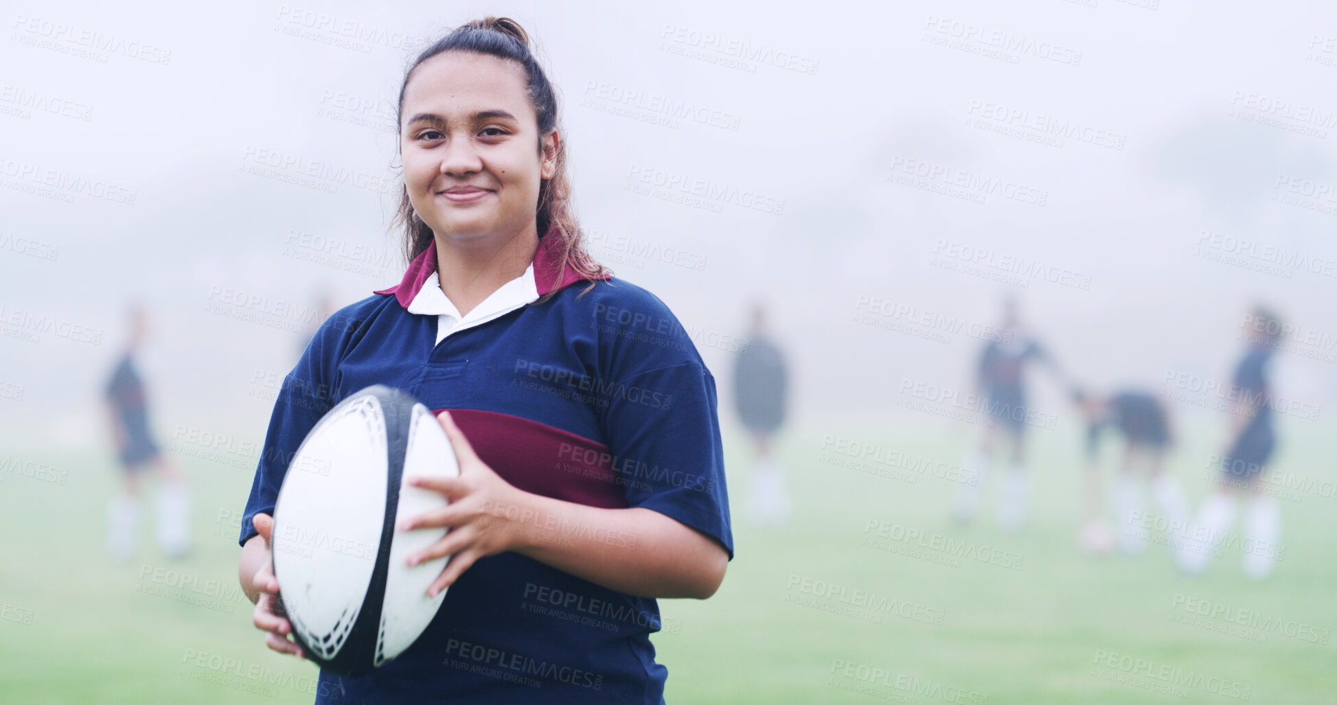 Buy stock photo Rugby, happy and portrait of woman on field for training, game challenge and sports tournament. Fitness, match practice and competition with person in stadium for championship, ball and athlete