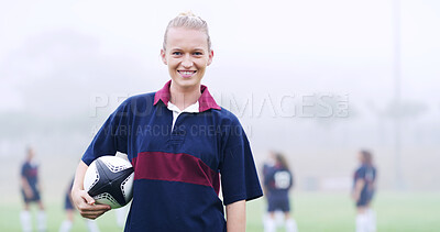 Buy stock photo Rugby, smile and sports with portrait of woman on field for training, game challenge and tournament. Fitness, match practice and competition with person in stadium for championship, ball and athlete