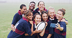 Selfie, rugby and smile with women on field for social media post, training memory and support. Photography, sports and competition practice with people outdoor for picture, fitness and bonding