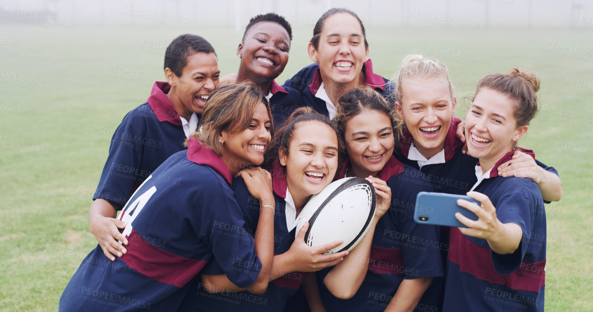 Buy stock photo Selfie, rugby and smile with women on field for social media post, training memory and support. Photography, sports and competition practice with people outdoor for picture, fitness and bonding