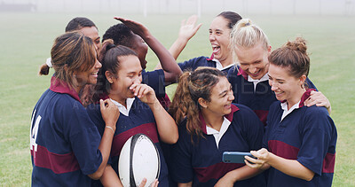 Buy stock photo Selfie, rugby and success with women on field for social media post, training memory and support. Photography, sports and competition practice with people outdoor for picture, fitness and high five