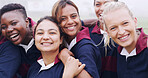 Teamwork, portrait and rugby with women on field for support, community and premiership league. Fitness, athlete and hug with group of people in club for tournament games, sports and training
