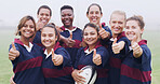 Rugby, thumbs up and portrait of team on field for training, game motivation and sports tournament. Fitness, support and competition with women in stadium for championship, success and athlete