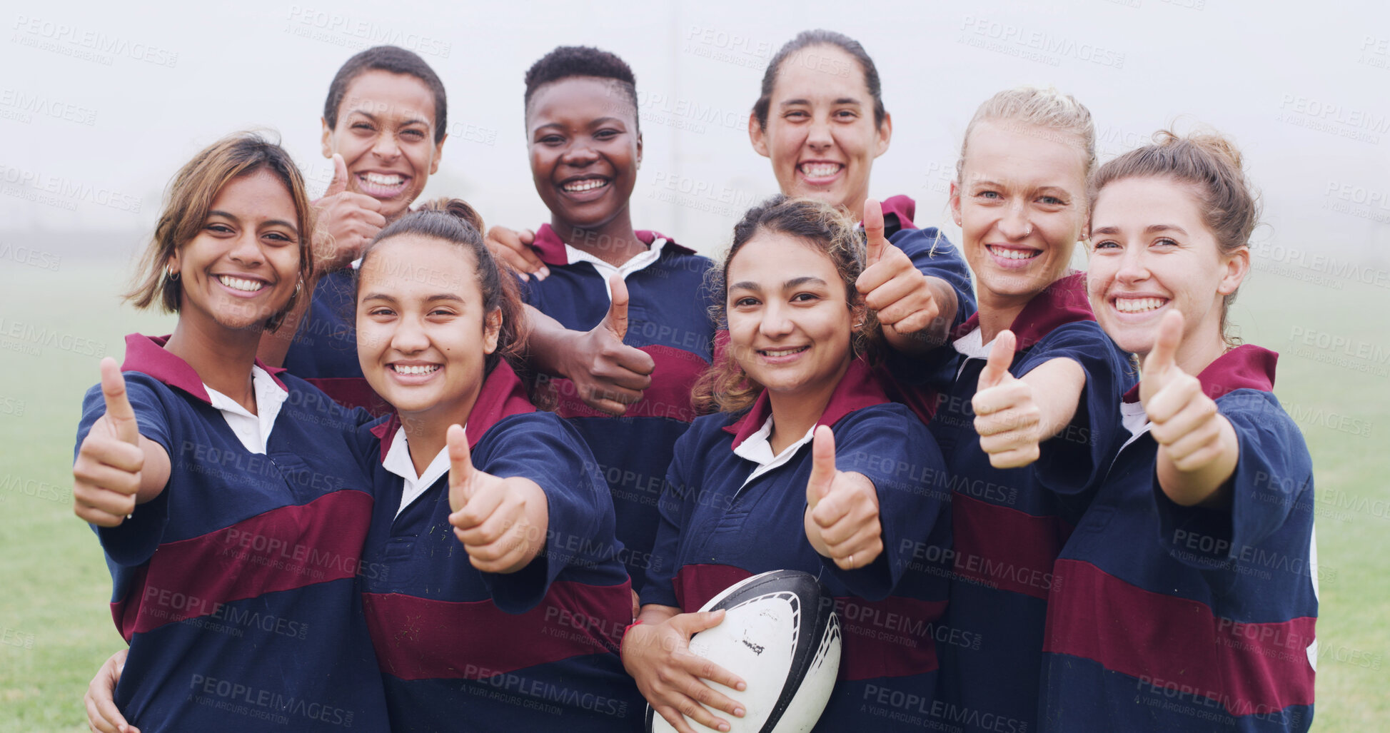 Buy stock photo Rugby, thumbs up and portrait of team on field for training, game motivation and sports tournament. Fitness, support and competition with women in stadium for championship, success and athlete