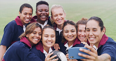 Buy stock photo Selfie, rugby and team with women on field for social media post, training memory and support. Photography, sports and competition practice with people outdoor for picture, fitness and bonding