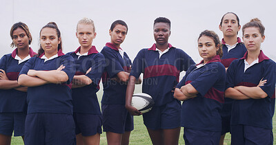 Buy stock photo Rugby, team and portrait of women on field for training, game challenge and sports tournament. Fitness, match practice and competition with people in stadium for championship, ball and athlete