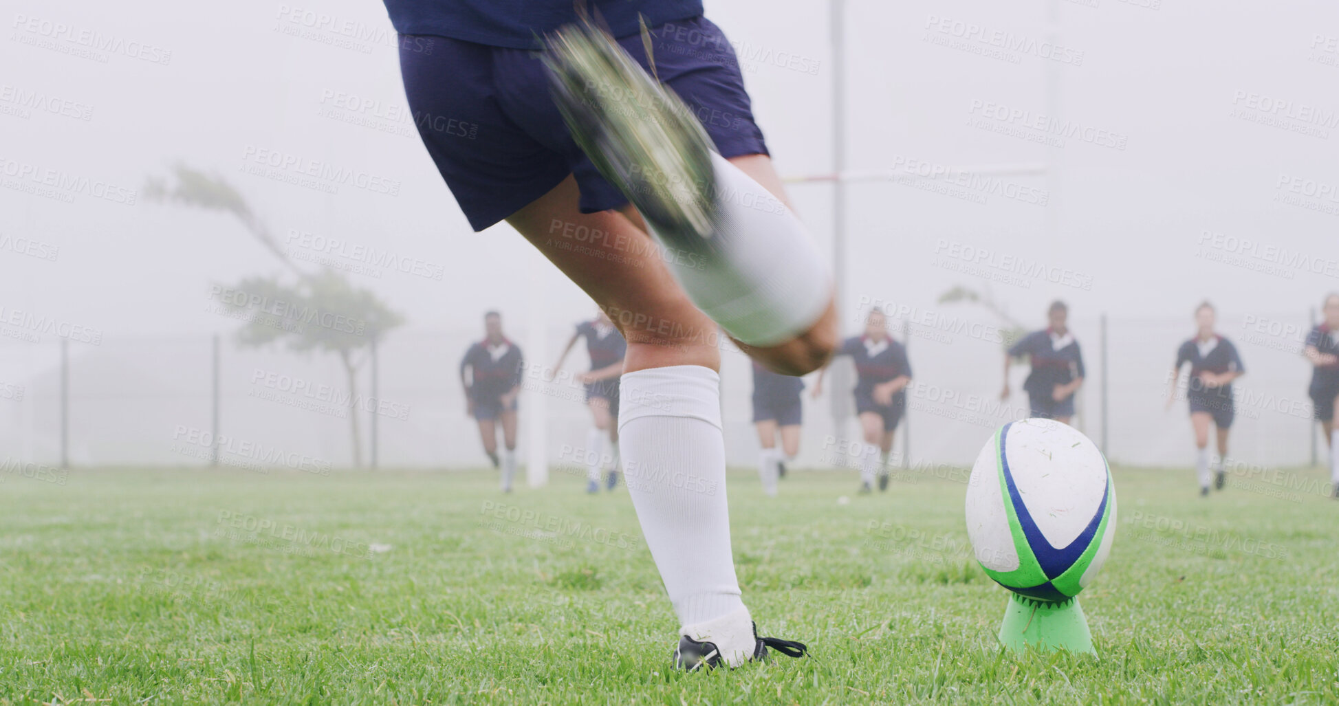 Buy stock photo Kick, rugby and ball with feet of woman on field for game training, competition practice and match. Penalty score, fitness and challenge with legs of person outdoor for sports, action and club