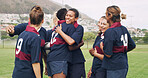 Teamwork, hug and rugby with women on field for support, community and premiership league. Fitness, athlete and winner with group of people in club for tournament games, sports and training together