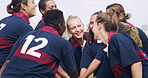 Teamwork, stack and rugby with women on field for support, community and premiership league. Fitness, athlete and success with group of people in club for tournament games, sports and training
