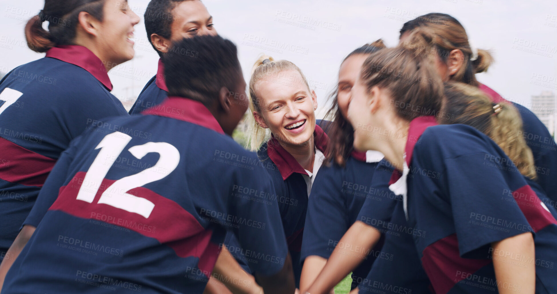 Buy stock photo Teamwork, stack and rugby with women on field for support, community and premiership league. Fitness, athlete and success with group of people in club for tournament games, sports and training