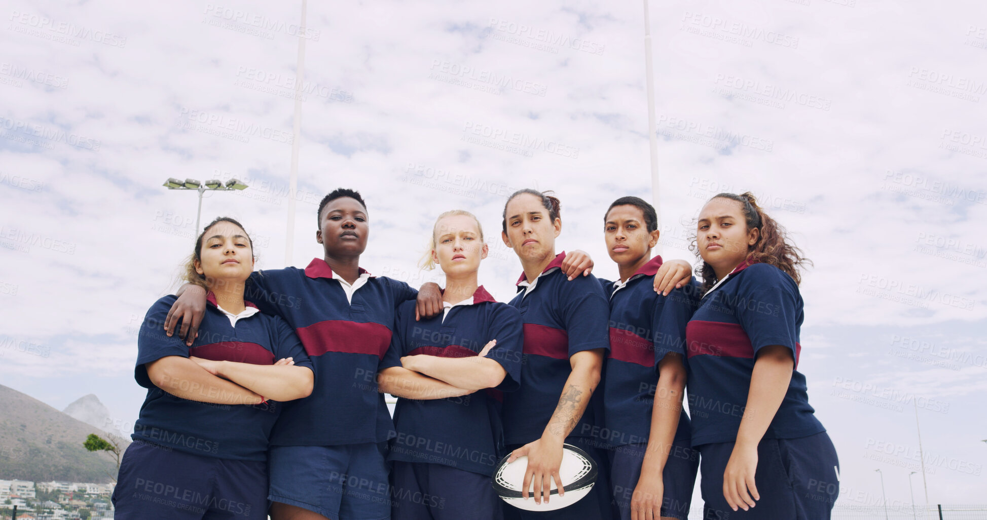 Buy stock photo Sports, portrait and rugby with women on field for support, community and premiership league. Fitness, athlete and solidarity with group of people in club for tournament games, teamwork and training