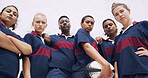 Teamwork, portrait and rugby with women on field for support, community and premiership league. Fitness, athlete and low angle with group of people in club for tournament games, sports and training