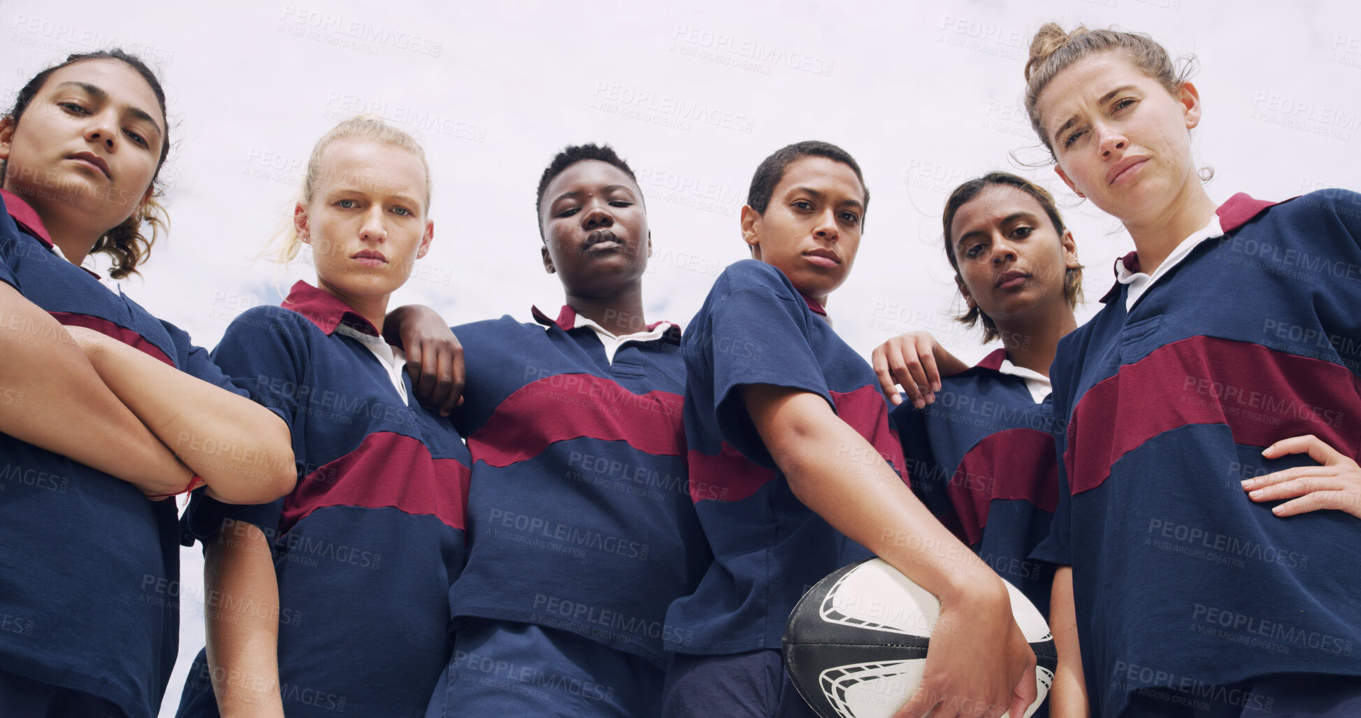 Buy stock photo Teamwork, portrait and rugby with women on field for support, community and premiership league. Fitness, athlete and low angle with group of people in club for tournament games, sports and training