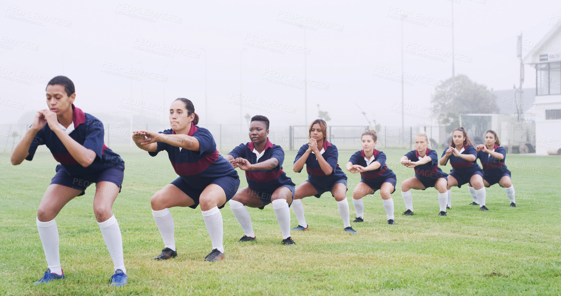 Buy stock photo Teamwork, rugby and squat with women on field for competition practice, training start and stretching. Exercise preparation, warm up and sports club with people outdoor for muscle and match health