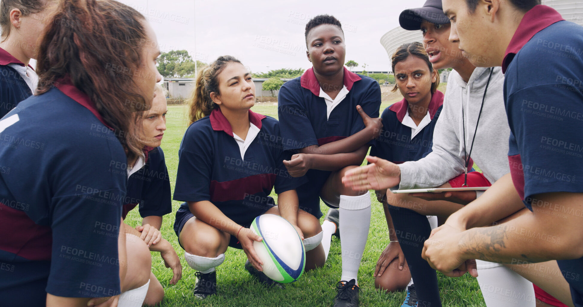 Buy stock photo Tablet, advice and sports with women on rugby field for teamwork, game plan and discussion together. Strategy, defense formation and training tips with people in stadium for coaching and fitness