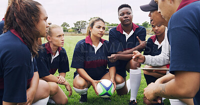 Buy stock photo Advice, coaching and rugby with women on field for teamwork, game plan and discussion together. Sports strategy, defense formation and training tips with people in stadium for mentor and fitness