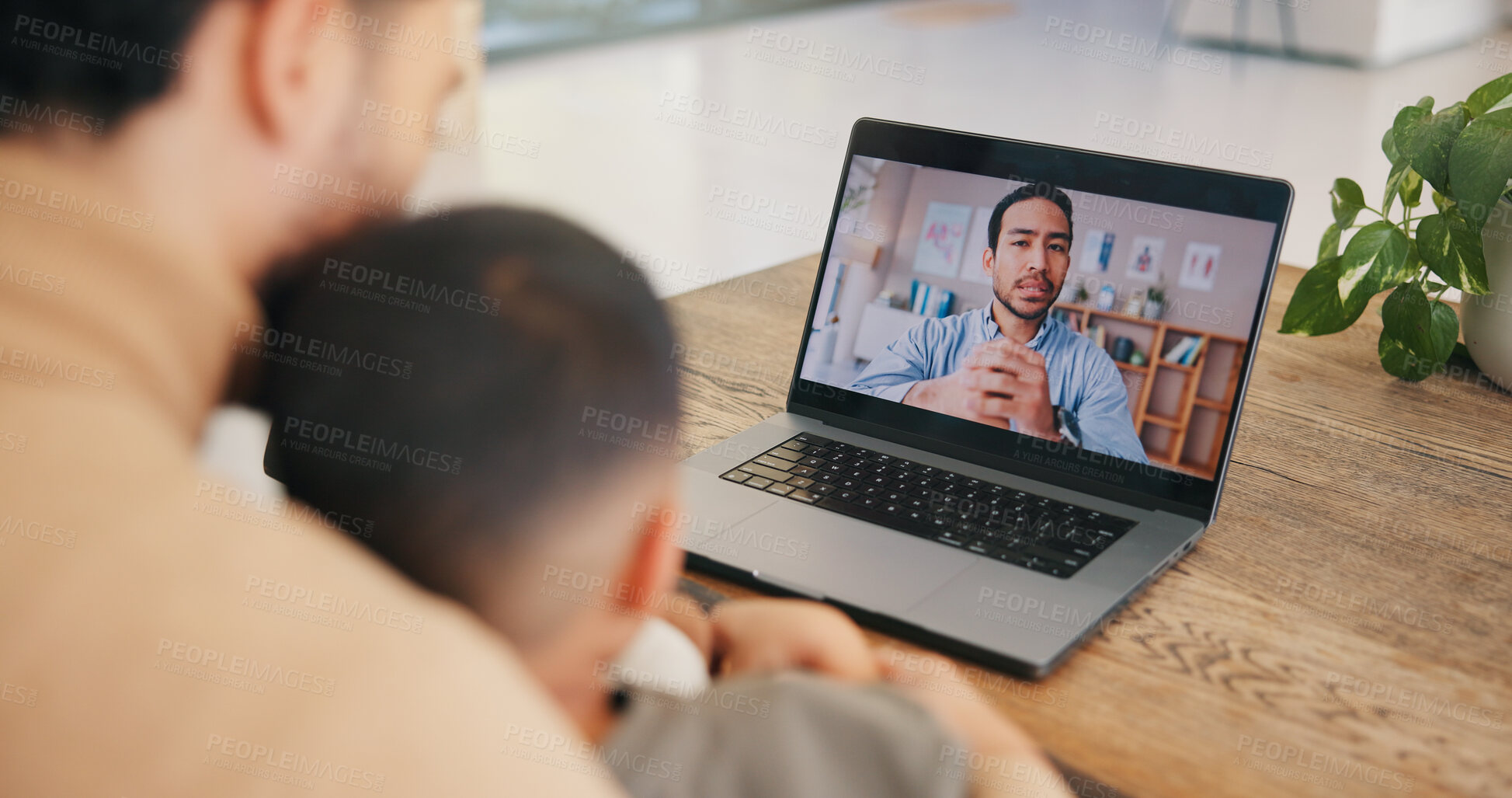 Buy stock photo Telehealth, laptop screen and dad with sick child in house, video call and communication with doctor. People, home and talk with pediatrician on web, virtual consultation or medical advice for family