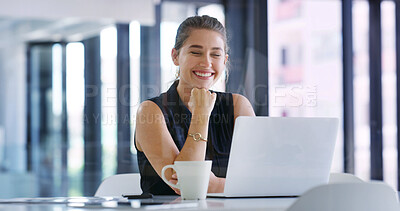 Buy stock photo Thinking, smile or woman in office with laptop, mindfulness or inspiration for career growth. Reflection, coffee or employee with eyes closed, positive perspective or daydream on professional goals.