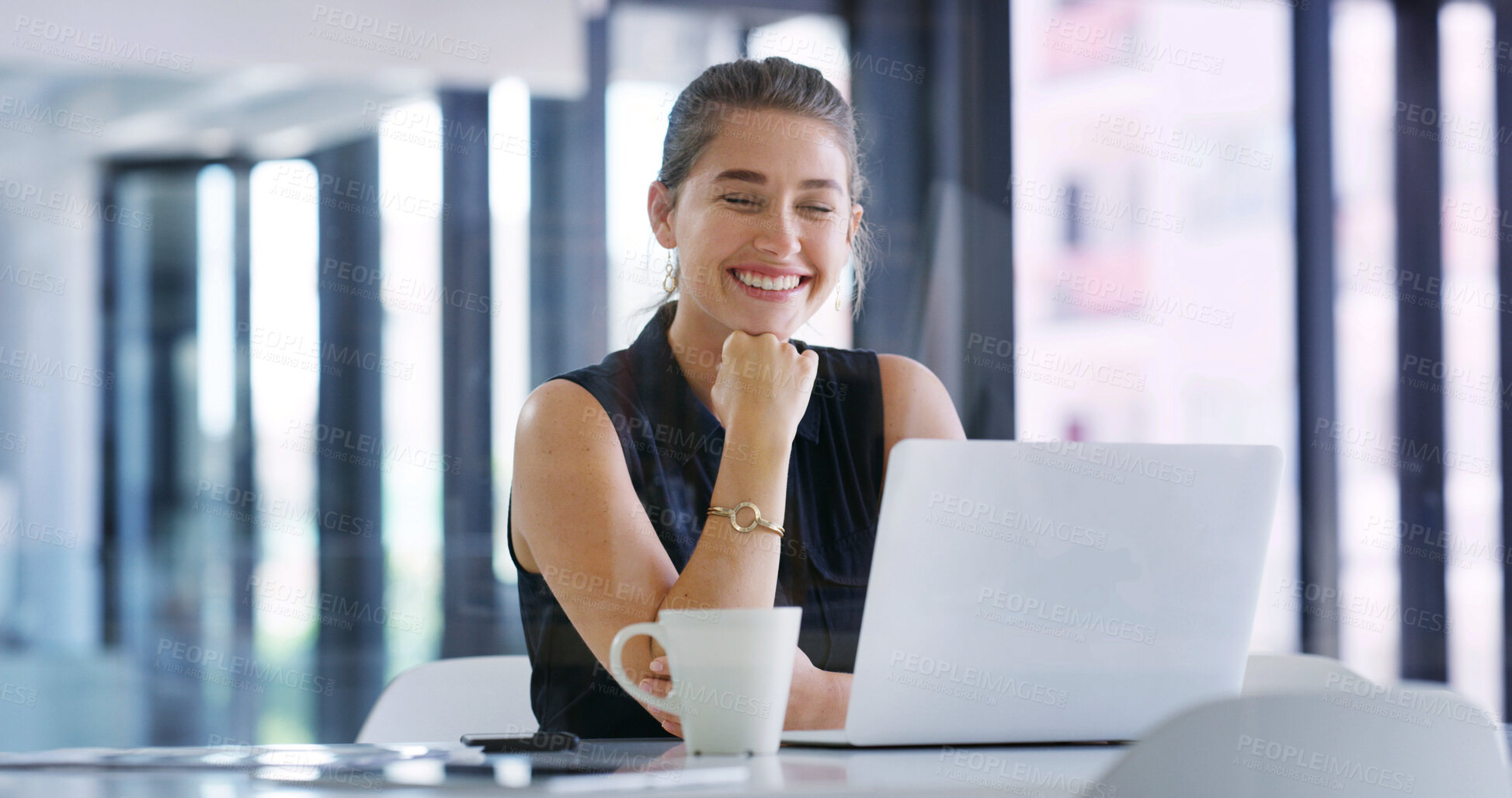 Buy stock photo Thinking, smile or woman in office with laptop, mindfulness or inspiration for career growth. Reflection, coffee or employee with eyes closed, positive perspective or daydream on professional goals.