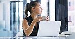 Thinking, coffee and businesswoman with laptop in office with planning for creative project. Cappuccino, computer and female magazine editor with ideas for article with publishing in workplace.