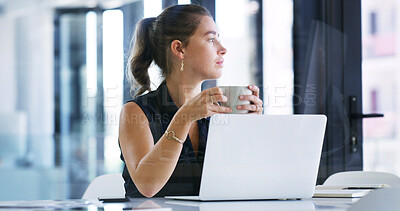 Buy stock photo Thinking, coffee and businesswoman with laptop in office with planning for creative project. Cappuccino, computer and female magazine editor with ideas for article with publishing in workplace.