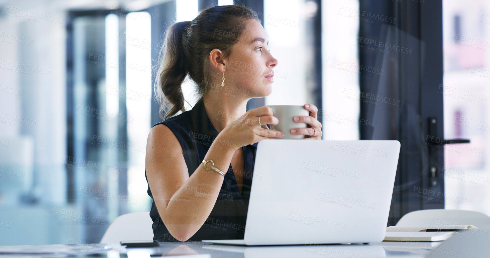 Buy stock photo Thinking, coffee and businesswoman with laptop in office with planning for creative project. Cappuccino, computer and female magazine editor with ideas for article with publishing in workplace.