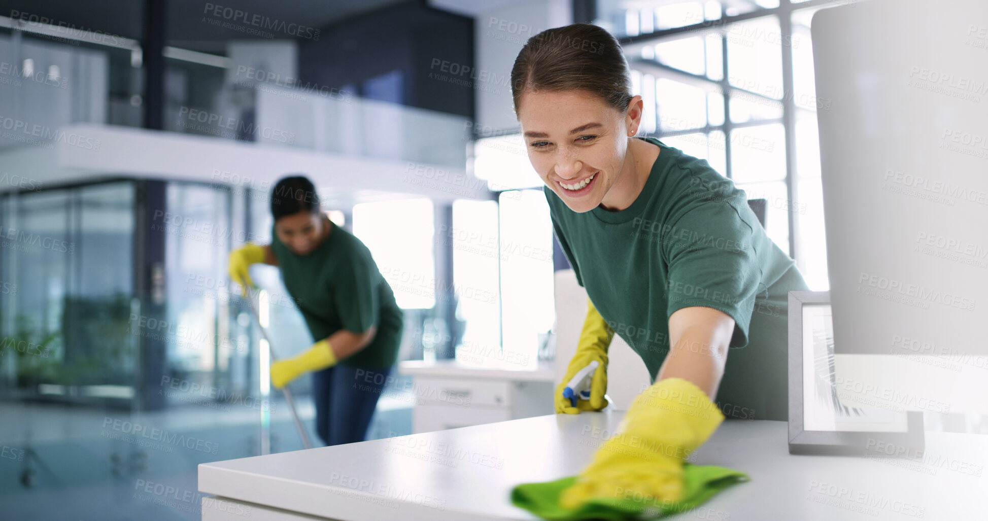 Buy stock photo Women, cleaning or office with smile for hygiene, bacteria or germ removal in workplace. Happy, female people or cleaners wiping surface with detergent for disinfection or sanitary workspace together