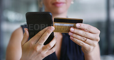 Buy stock photo Hands, phone and woman with credit card in office for fintech, digital banking and online shopping. Mobile, debit and person in workplace for financial transaction, business investment or payment