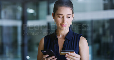 Buy stock photo Business, phone and woman with credit card in office for fintech, digital banking and online shopping. Mobile, debit or person with workplace expenses for financial transaction, investment or payment