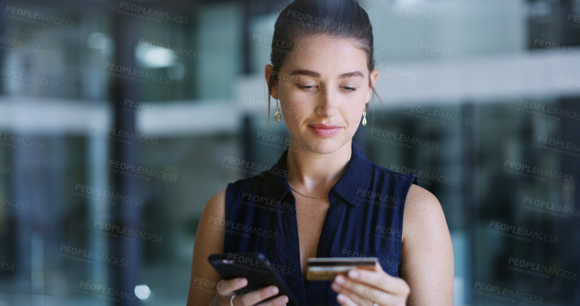 Buy stock photo Business, phone and woman with credit card in office for fintech, digital banking and online shopping. Mobile, debit or person with workplace expenses for financial transaction, investment or payment