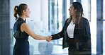 Real estate, b2b or woman in office with handshake, greeting or deal closed in sale agreement. Happy, hello or realtors with shaking hands, property exchange or success in investment negotiation.