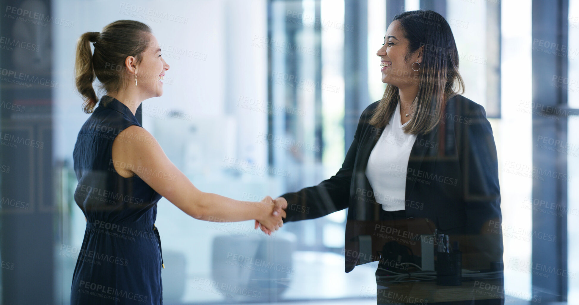 Buy stock photo Real estate, b2b or woman in office with handshake, greeting or deal closed in sale agreement. Happy, hello or realtors with shaking hands, property exchange or success in investment negotiation.