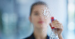 Woman, hands and cleaning window with spray in office for hygiene, disinfection or maintenance. Blur, female person or cleaner with detergent, soap or liquid mist for dirt, bacteria or germ removal