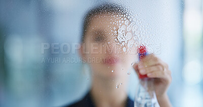 Buy stock photo Woman, hands and cleaning window with spray in office for hygiene, disinfection or maintenance. Blur, female person or cleaner with detergent, soap or liquid mist for dirt, bacteria or germ removal