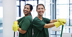 Janitor, women and portrait in office with team, hygiene service and smile for disinfection. Laugh, about us and cleaner group for sanitation, maintenance and management for wellness or safety