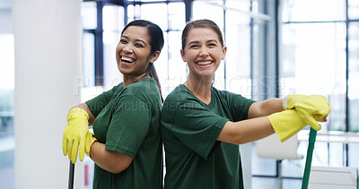 Buy stock photo Janitor, women and portrait in office with team, hygiene service and smile for disinfection. Laugh, about us and cleaner group for sanitation, maintenance and management for wellness or safety
