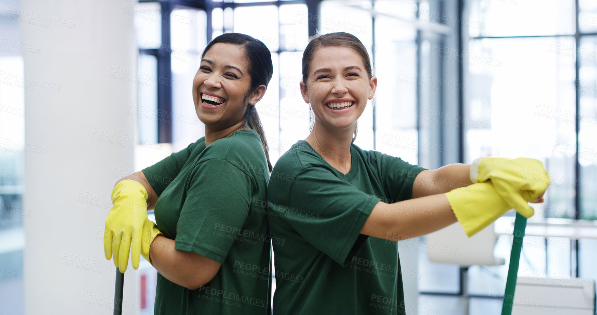 Buy stock photo Janitor, women and portrait in office with team, hygiene service and smile for disinfection. Laugh, about us and cleaner group for sanitation, maintenance and management for wellness or safety