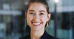 Business, happy or woman in office with portrait, career growth or positive attitude in property management. Smile, space or realtor with optimism, about us or confidence in real estate investment.
