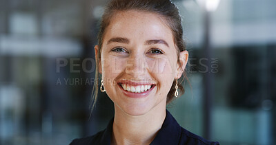 Buy stock photo Business, happy or woman in office with portrait, career growth or positive attitude in property management. Smile, space or realtor with optimism, about us or confidence in real estate investment.