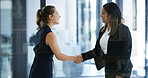 Real estate, b2b or women in workplace with handshake, greeting or deal closed in sale agreement. Happy, hello or realtors with shaking hands, property exchange or success in investment negotiation.