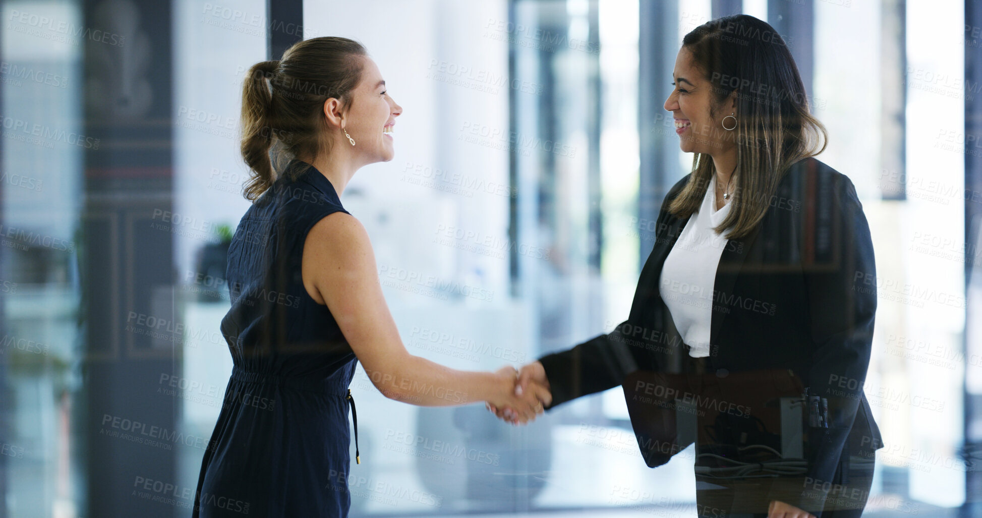 Buy stock photo Real estate, b2b or women in workplace with handshake, greeting or deal closed in sale agreement. Happy, hello or realtors with shaking hands, property exchange or success in investment negotiation.