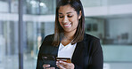 Investment, phone and happy woman with credit card in office, digital banking and corporate expenses. Mobile, debit and person in workplace with fintech for financial transaction, business or payment