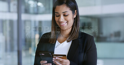 Buy stock photo Investment, phone and happy woman with credit card in office, digital banking and corporate expenses. Mobile, debit and person in workplace with fintech for financial transaction, business or payment