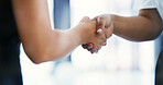 Real estate, b2b or handshake in office with greeting, intro or deal closed in sale agreement. Hello, people or realtors with shaking hands, property exchange or success in investment negotiation.