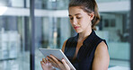 Tablet, reading and woman at office for project, insurance review and underwriting with risk assessment. Work, tech and person with email for policy quote, premium benefits or coverage proposal