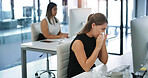 Sick, woman and blowing nose with tissue in office for bacteria, germ or hayfever allergies. Female person, influenza or sneeze with sinus or flu symptoms for virus, disease or infection in workplace
