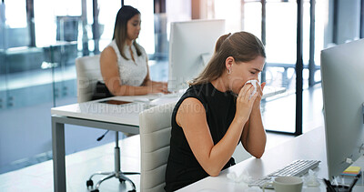 Buy stock photo Sick, woman and blowing nose with tissue in office for bacteria, germ or hayfever allergies. Female person, influenza or sneeze with sinus or flu symptoms for virus, disease or infection in workplace