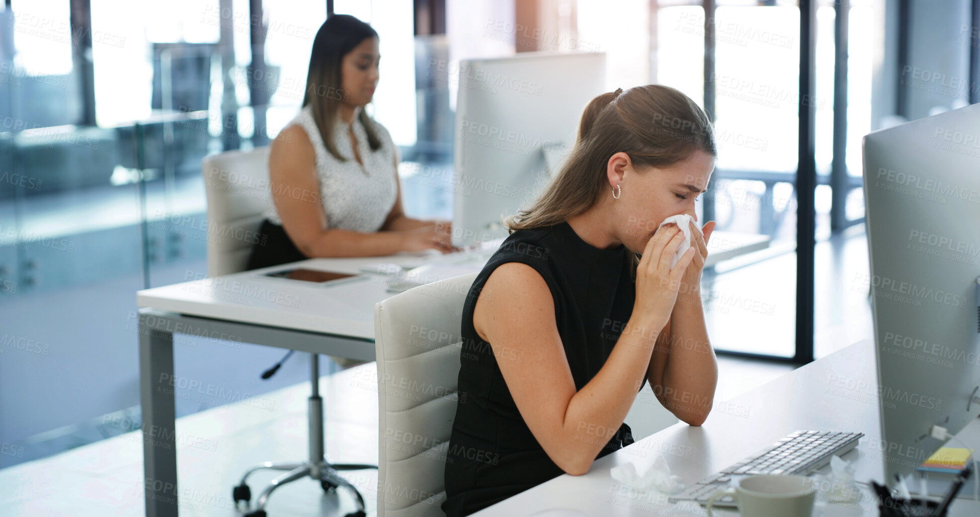 Buy stock photo Sick, woman and blowing nose with tissue in office for bacteria, germ or hayfever allergies. Female person, influenza or sneeze with sinus or flu symptoms for virus, disease or infection in workplace
